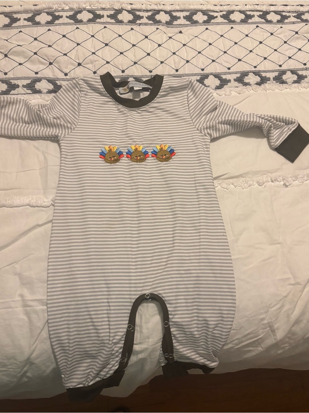 Striped Gray & White Baby One-Piece with Sun Applique